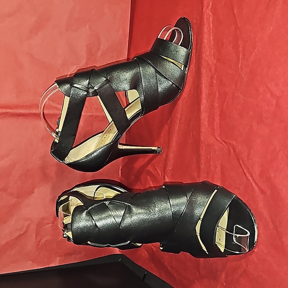 Coach MILA calfskin black leather strappy heels silver logo accent Size 8B VGUC - Picture 4 of 12